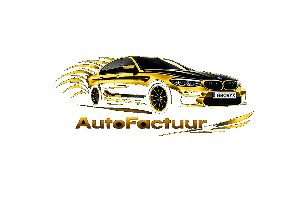 AutoFactuur-programmalogo: woordmerk met sportieve auto in goud en zwart